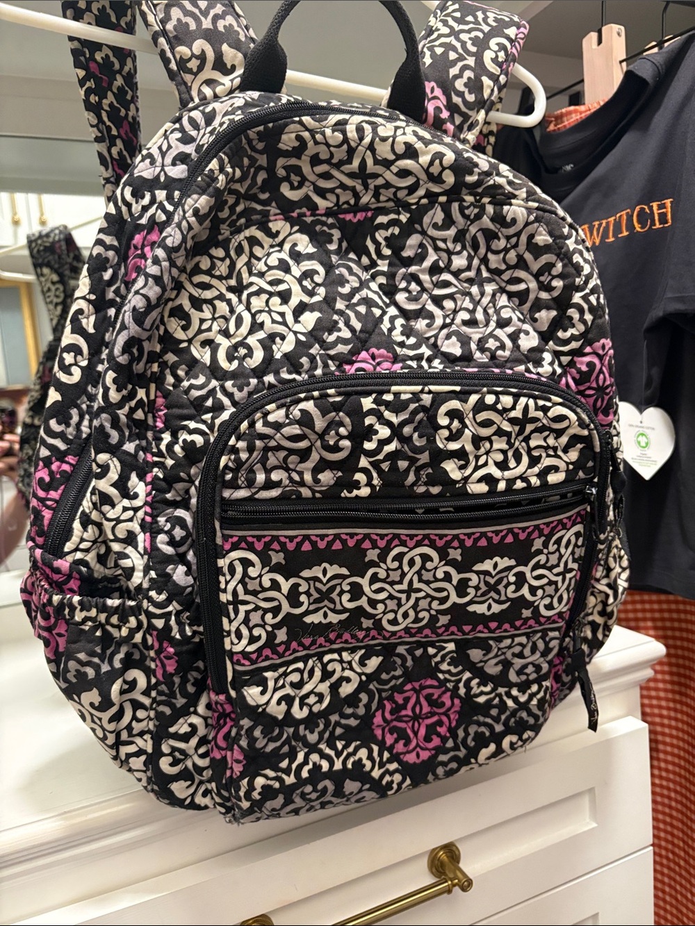 Vera Bradley Quilted Backpack in Black, White & Pink